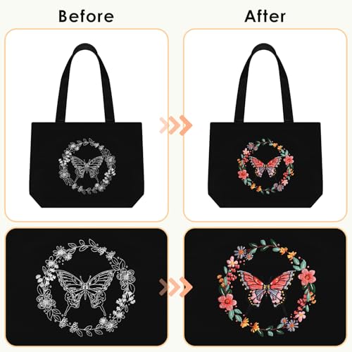 ERKOON Embroidery Canvas Tote Bag for Beginners, Floral Arts Crafts Cross Stitch Kits for Adults Including Stamped Embroidery Bag with Hoops, Needle, Instruction and Color Threads (Butterfly)