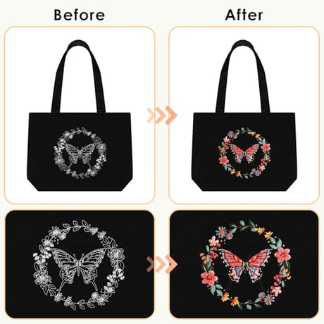 ERKOON Embroidery Canvas Tote Bag for Beginners, Floral Arts Crafts Cross Stitch Kits for Adults Including Stamped Embroidery Bag with Hoops, Needle, Instruction and Color Threads (Butterfly) ERKOON