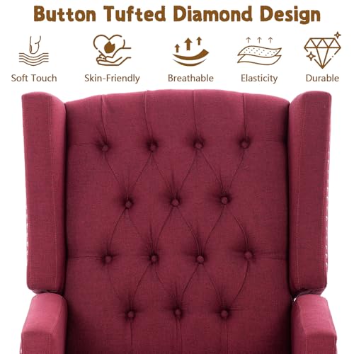 Wingback Recliner Chairs with Foldable Side Table&USB Charging Ports,Mid Century Accent Single Sofa Small Recliner Chair,Modern Comfy Pushback Reclining Chair for Living Room (Fabric, Wine Red)