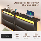 Seventable Twin Bed Frame with Upholstered Storage Headboard, Charging Station & LED Lights, Metal Platform Bed with Under Bed Storage, No Box Spring Needed, Noise Free, Easy Assembly, Black Seventable
