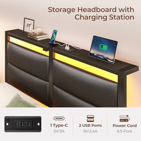 Seventable Twin Bed Frame with Upholstered Storage Headboard, Charging Station & LED Lights, Metal Platform Bed with Under Bed Storage, No Box Spring Needed, Noise Free, Easy Assembly, Black Seventable