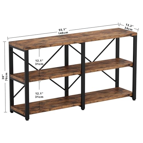 IRONCK Rustic Entryway Console Table, Long Hallway Table 55in 3-Tier, TV Stand Entertainment Center Media Stand for Living Room, Industrial Style, Vintage Brown IRONCK