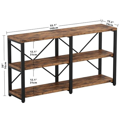 IRONCK Rustic Entryway Console Table, Long Hallway Table 55in 3-Tier, TV Stand Entertainment Center Media Stand for Living Room, Industrial Style, Vintage Brown - WoodArtSupply