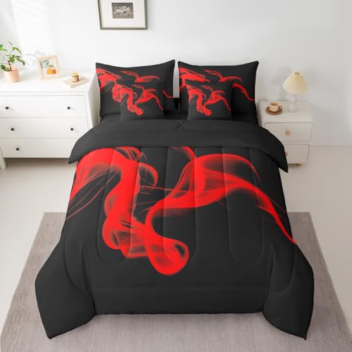 Feelyou Kids Black Red Abstarct 7 Piece Bedding Set King Size Abstarct Art Comforter Set with Sheets for Kids Adult Modern Minimalist Bed in a Bag Feelyou