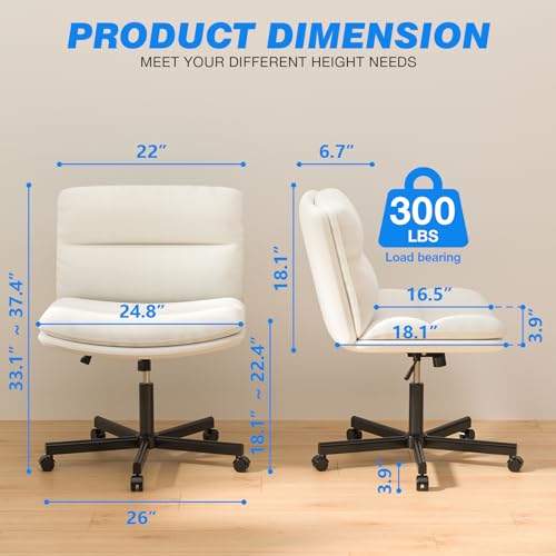 Rfiver Ergonomic Armless Criss Cross Chair with Height Adjustable and Swivel, Wide & Thickened Cushion Cross Legged Vanity Chair, Comfortable PU Leather Desk Chair for Computer Task and Make Up, White Rfiver