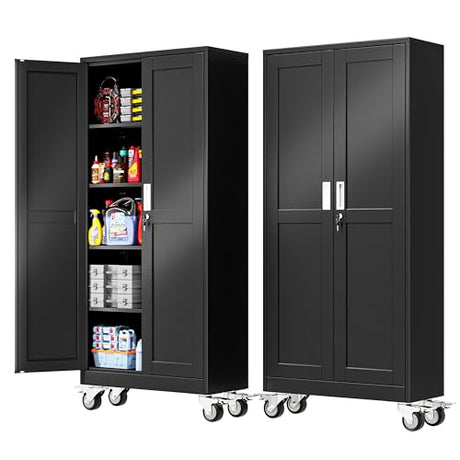 PAOFIN 71''H Tall Metal Garage Storage Cabinet with Wheels,Steel File Cabinets with 2 Doors and 4 Adjustable Shelves for Home Office, Warehouse, Required Assembly,Black PAOFIN
