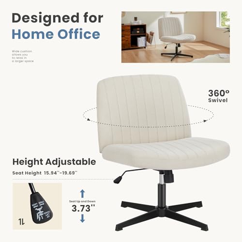 DUMOS Criss Cross Chair No Wheels Wide Cross Legged Office Desk Vanity Chair Comfy Fabric Armless Adjustable Swivel for Home Computer Task (Beige) DUMOS