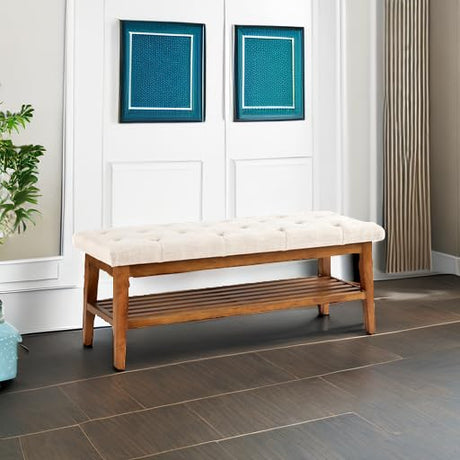 HUIMO Entryway Shoe Bench, End of Bed Bench,Upholstered Button-Tufted Bench for Kitchen, Fabric Ottoman Bench for Living Room, Padded Bench with Solid Wood Shelf Beige HUIMO