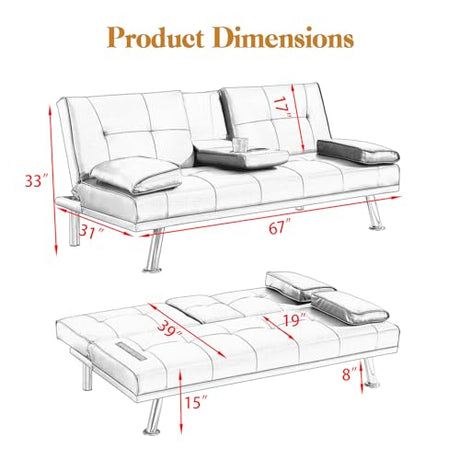 Modern Futon Sofa Bed, 67 Inch Leather Convertible Futon Couch Loveseat Sleeper for Small Spaces,Comfy Folding Recliner Couches for Living Room, Adjustable Backrest,2 Cup Holders,Metal Legs (RED) Xinmviec