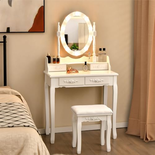 Giantex Makeup Vanity Table with 10 LED Lights, Adjustable Brightness, 3 Color Light Modes, 4 Drawers, Rotatable Mirror, Cushioned Stool, Vanity Desk Dressing Table Bedroom Furniture (White) Giantex