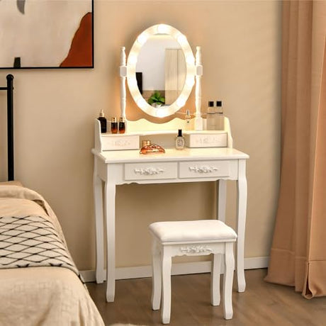Giantex Makeup Vanity Table with 10 LED Lights, Adjustable Brightness, 3 Color Light Modes, 4 Drawers, Rotatable Mirror, Cushioned Stool, Vanity Desk Dressing Table Bedroom Furniture (White) Giantex
