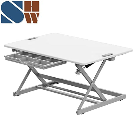 SHW 32-Inch Height Adjustable Standing Desk Converter Riser Workstation with Drawer, White SHW