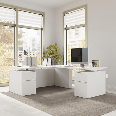 Bush Business Furniture 72-inch Height Adjustable L Shaped Standing Desk with Drawers, Ergonomic Sit-Stand Computer Table for Office, Stratus Collection, White with White Base Bush Furniture