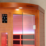 WOODBRIDGE Infrared Sauna Room 2 Person Japanese Cedar Indoor Corner Sauna with 7 Carbon Heaters, Red Light Therapy,Bluetooth Speaker,Intelligent Dual Control System,Tempered Glass,Exterior Brim Light WOODBRIDGE