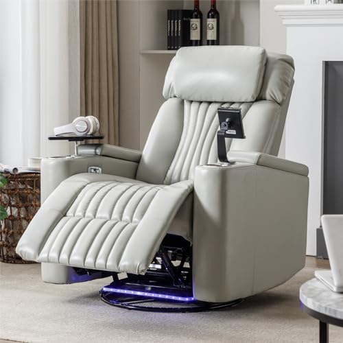 QKFF Power Swivel Glider Recliner for Nursery, Home Theater Seating with Hidden Arm Storage LED Light Strip Cup Holder Tray Table Cell Phone Holder for Living Room