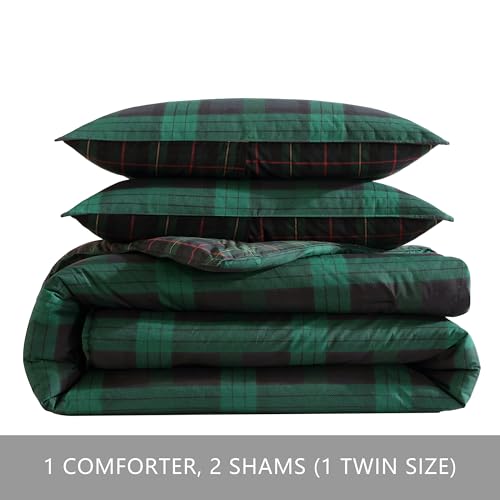 Eddie Bauer - Twin Comforter Set, Reversible Cotton Bedding with Matching Sham, Medium-Weight for Year Round Use, Dorm Essentials (Woodland Tartan Green) Eddie Bauer