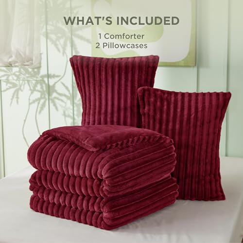 Bedsure Comforter Set Queen Size - GentleSoft™ 3 Pieces Double-Side Fleece Fluffy Dark Red Comforter Set, Cozy Striped Room Decor Aesthetic, Luxury Bedding Queen Size, 2 Pillowcases, 90x90 Inches Bedsure