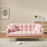 Ball & Cast Convertible Sleeper Sofa Bed with Adjustable Backrest,Teddy Upholstered Futon Couch Bed W/ 2 Pillows,Armrest and Metal Legs,Loveseat Sofa for Living Room,Apartment,Small Space,Pink,69" Ball & Cast