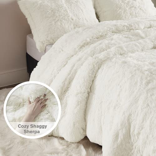 Intelligent Design Malea Shaggy Duvet with Quilted Box Design, Long Faux Fur Comforter Cover Cozy Bedding Set, Matching Shams, (Insert Not Included) Full/Queen, Ivory 3 Piece, 90x90 Intelligent Design