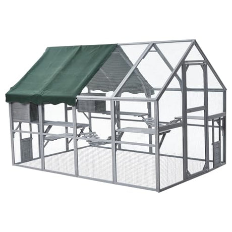 Garvee Large 3-Tier Outdoor Catio, Small Animal Enclosure with 2 Lockable Cat Doors and a Walk in Door, Large Cat House with Half Waterproof Cover, Portable Kitty House with Resting Boxes Garvee