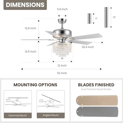 Moooni 52 Inch Modern Crystal Ceiling Fan with Lights and Remote, Elegant Chandelier Fan Light KIt Fandelier with 5 Wooden Blades for Bedroom Living Room Silver Moooni