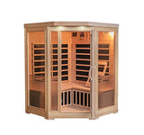 Heat Wave 3 Person Sauna Corner Fitting Infrared FIR FAR 7 Carbon Heaters Hemlock Wood MP3 Player 2 Speakers Color Therapy Light LED Control Panel Heat Wave