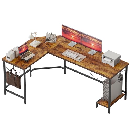 Mericonia 50 inch Large L Shaped Desk, Simple Corner Gaming Desk with CPU Stand & Hooks, Computer Desk for Home, Bedroom & Office Workspace, Dark Brown Mericonia