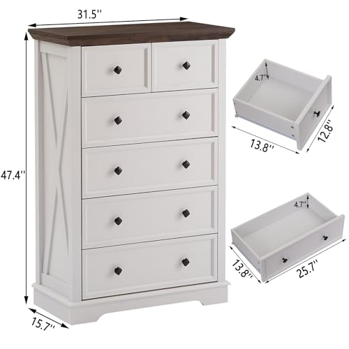 LDTTCUK 6 Drawer Dresser, Farmhouse Dresser Chest of Drawer for Bedroom, 48 Inch Tall Dresser, Wood Storage Chest of Drawers Storage Cabinet for Living Room, Entryway, Hallway, White - WoodArtSupply