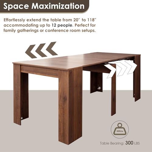 DMAITH 20"-118" Extendable Dining Table for 2-12 People, Modern Modular Extension Table, Space-Saving Extra Long Folding Dining Table, Multifunctional Conference Meeting Table, Walnut DMAITH