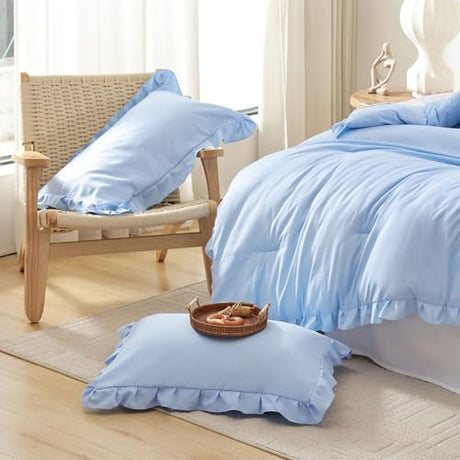 JANZAA Ruffle Light Blue Comforter Set Full Size Comforter 3PCS 1 Emerald Comforter and 2 Pillowcases Vintage Farmhouse Shabby Chic Bedding Soft Fluffy Comforter Set All Season (Light Blue, Full) JANZAA