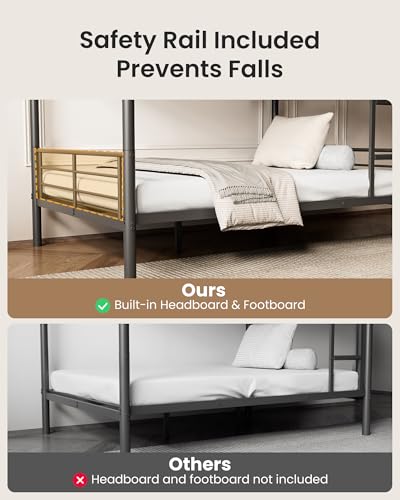 Mixcous Full Over Full Bunk Bed, Convertible into 2 Full Beds, Heavy-Duty Metal Bed Frame with Safety Full-Length Guardrails & EVA Padded Ladder for Adults, Teens, Kids, No Box Spring Needed, Black Mixcous