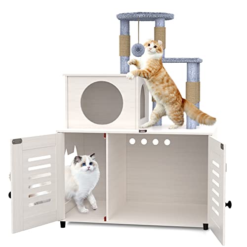 EasyCom Litter Box Enclosure, Hidden Cat Tree Tower Furniture for Indoor House, All-in-one Wooden Cat Litter Cabinet with Scratching Post and Condo, White - WoodArtSupply