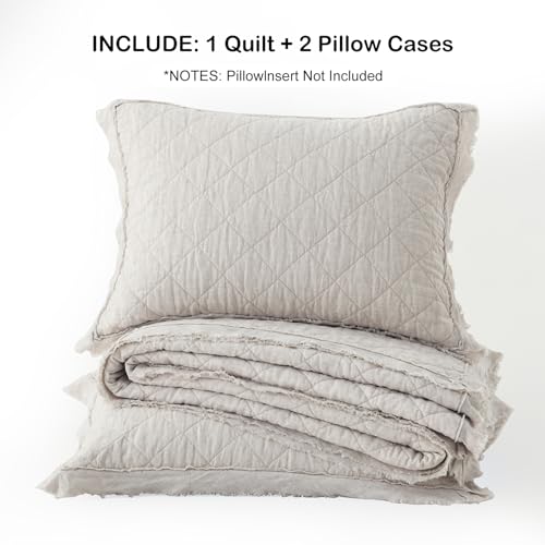 HORIMOTE HOME 100% Linen Front/100% Cotton Back Quilt Set Queen Size, Beige Pre-Washed European Flax Linen Quilt, Diamond Stitch Bedspread Coverlet Bedding Set 3-Piece for All Seasons HORIMOTE HOME