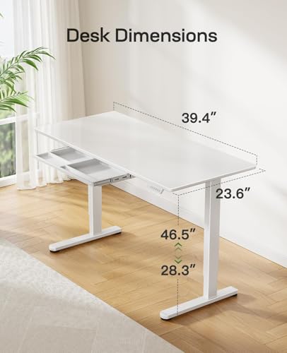 Marsail Glass Electric Standing Desk with Drawer, 40 x 24 Inches Height-Adjustable Desk, One-Piece Tempered Glass Top, Ergonomic Home Office Sit Stand Desk with 4 Preset Heights, White Marsail