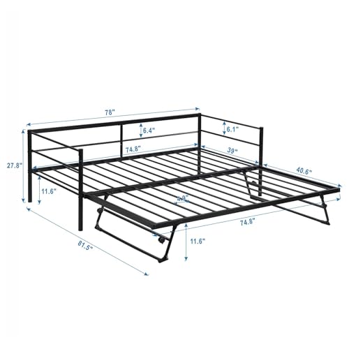 Nahenduo Twin Size Daybed with Pop up Trundle & Adjustable LED Lights, Futon Frame Bed, Metal Sofa Bed Frame for Living Room Bedroom Guest Room, Small Space, No Box Spring Needed (Black) Nahenduo