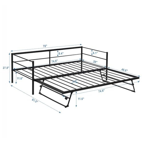 Nahenduo Twin Size Daybed with Pop up Trundle & Adjustable LED Lights, Futon Frame Bed, Metal Sofa Bed Frame for Living Room Bedroom Guest Room, Small Space, No Box Spring Needed (Black) Nahenduo