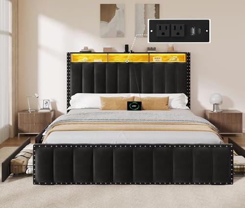 DWVO Queen Size Bed Frame with 4 Storage Drawers and RGB LED Lights, Velvet Upholstered Platform Bed with Charging Station and Bookcase Storage Headboard, No Box Spring Needed, Easy Assembly, Black DWVO