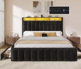 DWVO Queen Size Bed Frame with 4 Storage Drawers and RGB LED Lights, Velvet Upholstered Platform Bed with Charging Station and Bookcase Storage Headboard, No Box Spring Needed, Easy Assembly, Black DWVO