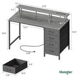 Huuger 47 Inch Computer Desk with Power Outlets and LED Lights, Gaming Desk with 4 Drawers, Office Desk with Monitor Stand, Study Desk Work Desk for Home Office, Small Spaces, Gray Huuger