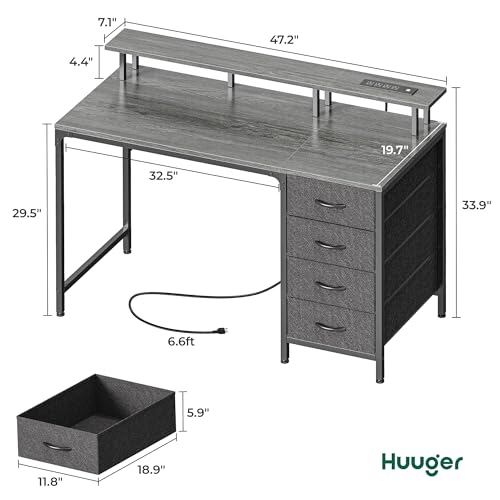 Huuger 47 Inch Computer Desk with Power Outlets and LED Lights, Gaming Desk with 4 Drawers, Office Desk with Monitor Stand, Study Desk Work Desk for Home Office, Small Spaces, Gray - WoodArtSupply