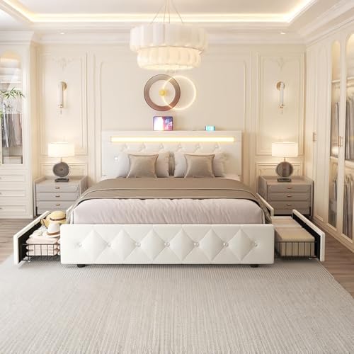 Forrise Bed Frame Full Size with LED Light and Storage Drawers, Adjustable Headboard with PU Leather Upholstered, 2 Sockets and 2 USB Ports, No Box Spring Needed,Wooden Slats Support, White. Forrise