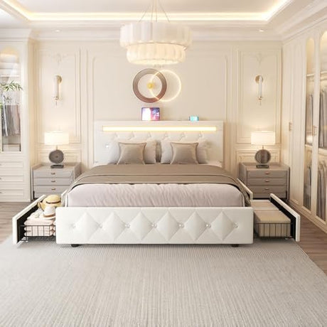Forrise Bed Frame Full Size with LED Light and Storage Drawers, Adjustable Headboard with PU Leather Upholstered, 2 Sockets and 2 USB Ports, No Box Spring Needed,Wooden Slats Support, White. Forrise