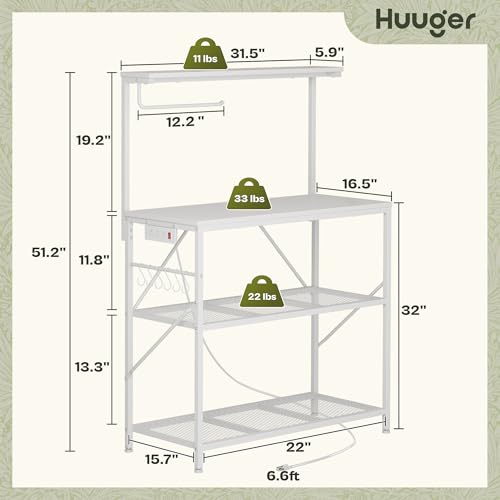Huuger 4-Tier Bakers Rack with Reversible Power Outlet, 31.5 Inch Microwave Stand, Kitchen Coffee Bar, with Top Shelf, 6 S Hooks, White