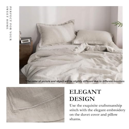 Simple&Opulence 100% Linen Duvet Cover Set with Embroidery Border Washed - 3 Pieces (1 Duvet Cover with 2 Pillow Shams) with Button Closure Soft Breathable Farmhouse - Linen, Queen Size Simple&Opulence