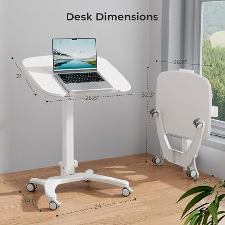 JYLH JOYSEEKER Foldable Mobile Standing Desk, 27"×21" Portable Rolling Laptop Cart with 90° Tiltable Board, Height Adjustable Workstation with Wheels, Folding Table for Home Office, White JYLH JOYSEEKER