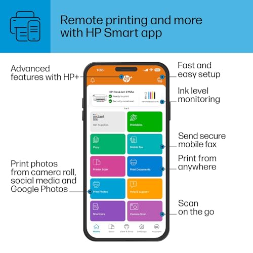 HP DeskJet 2755e Wireless Color inkjet-printer, Print, scan, copy, Easy setup, Mobile printing, Best-for home, 3 months of Instant Ink included,white