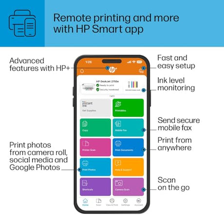 HP DeskJet 2755e Wireless Color inkjet-printer, Print, scan, copy, Easy setup, Mobile printing, Best-for home, 3 months of Instant Ink included,white HP