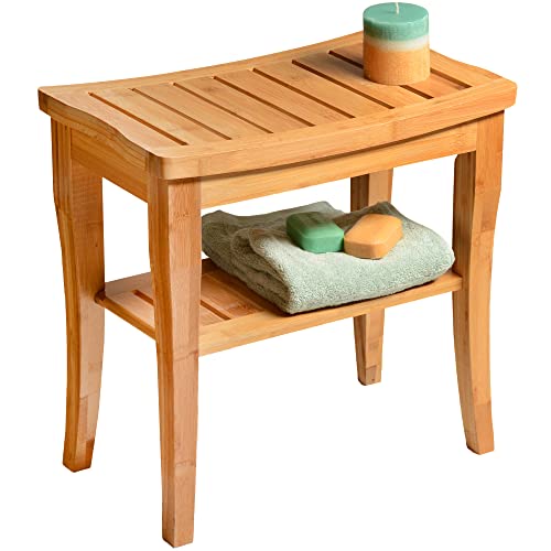 Bamboo Shower Bench Spa Stool - Wood 2-Tier Seat, Foot Rest Shaving Stool with Non-Slip Feet + Storage Shelf - Seat or Organizer for Bathroom, Living Room, Bedroom and Garden Décor