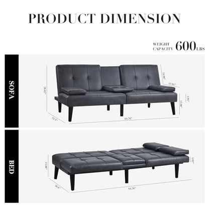 COLAMY Futon Sofa Bed-Leather Small Futon Couch, Futon Lounge Sofa, Futon Convertible with Cup Holder, Removable Armrest, Adjustable Backrest Darkgrey - WoodArtSupply