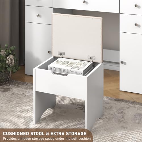 Vanity Desk with Lighted Mirror & Power Outlet, Makeup Vanity Table with 5 Drawers & 2 Cabinets, Large Vanity Set with Stool, Glass Top, Sliding Jewelry Storage Shelves, for Women Girls, White chartustriable